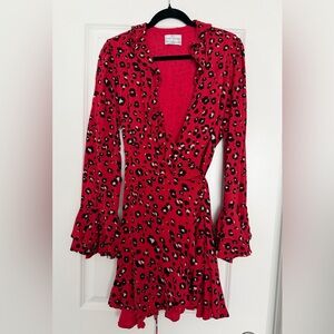 Seven Wonders Red Leopard Print Wrap Dress with Ruffle Details Size 12
